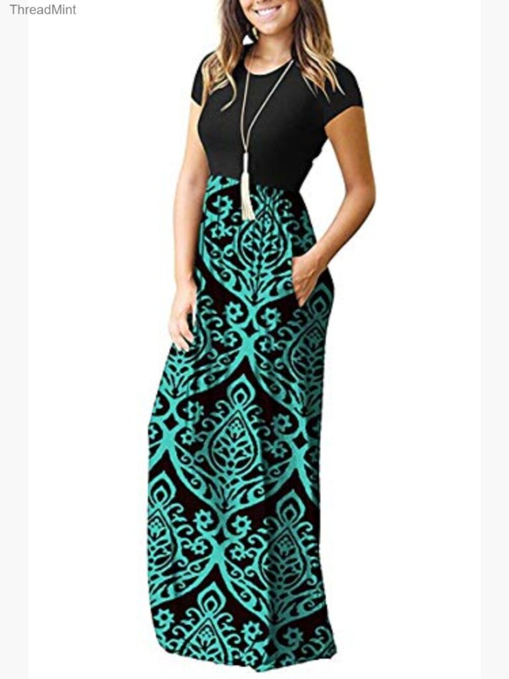 Short Sleeve Maxi Dress with Pockets, Casual Jersey Long Dress - Picture 4 of 7